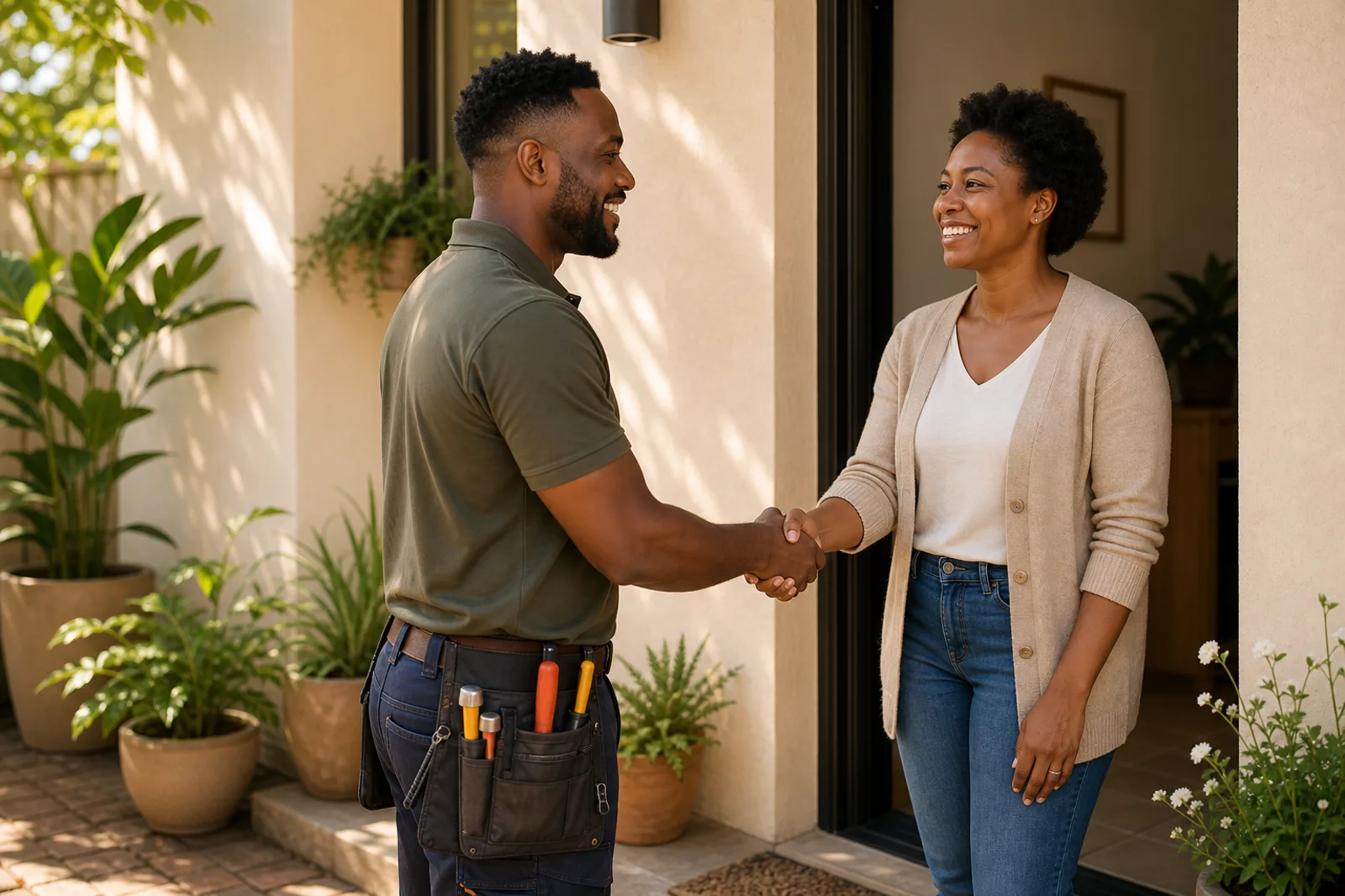 A local service professional greeting a homeowner at the door