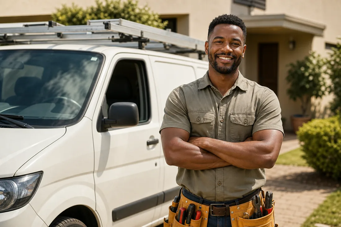 Service professional standing beside his van